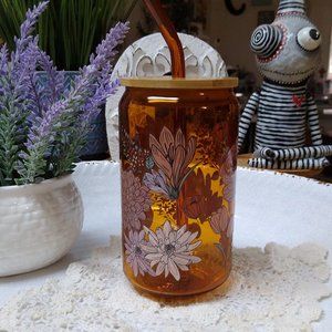 Boho flowers 16 oz can glass